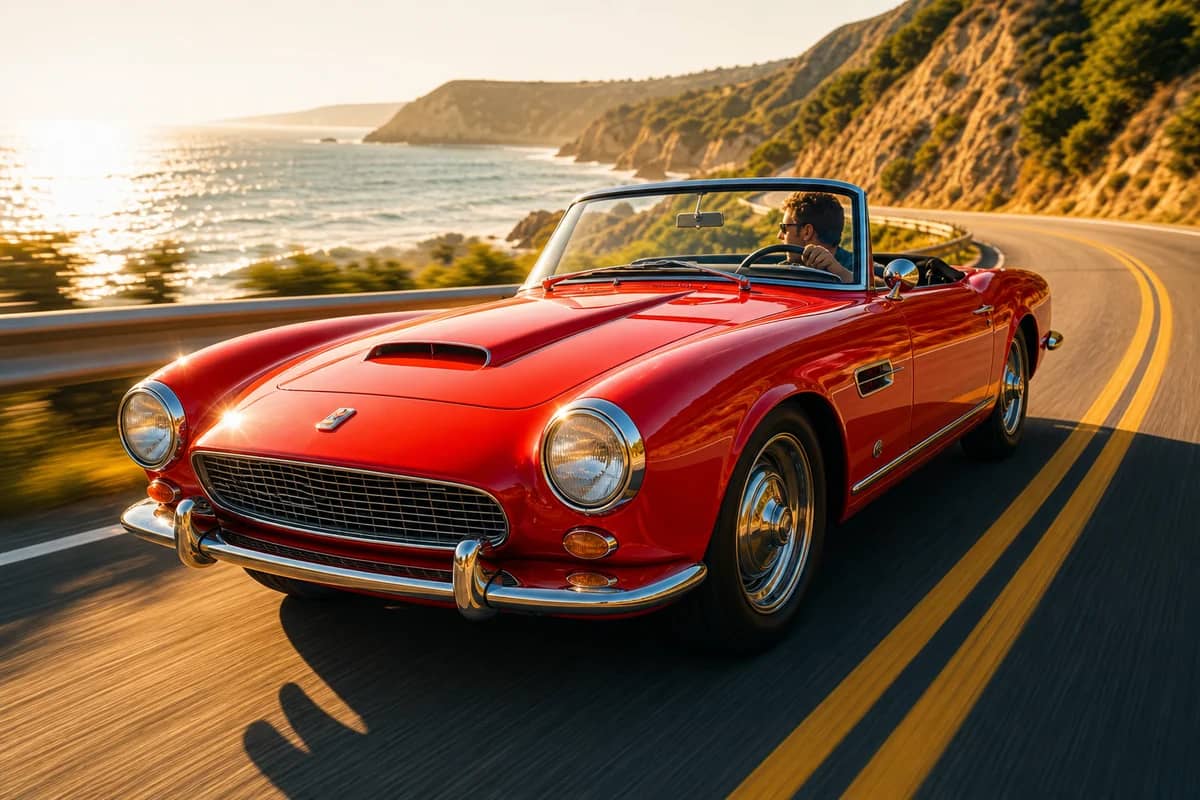 Red convertible driving along a coastal road as a cinematic motion clip