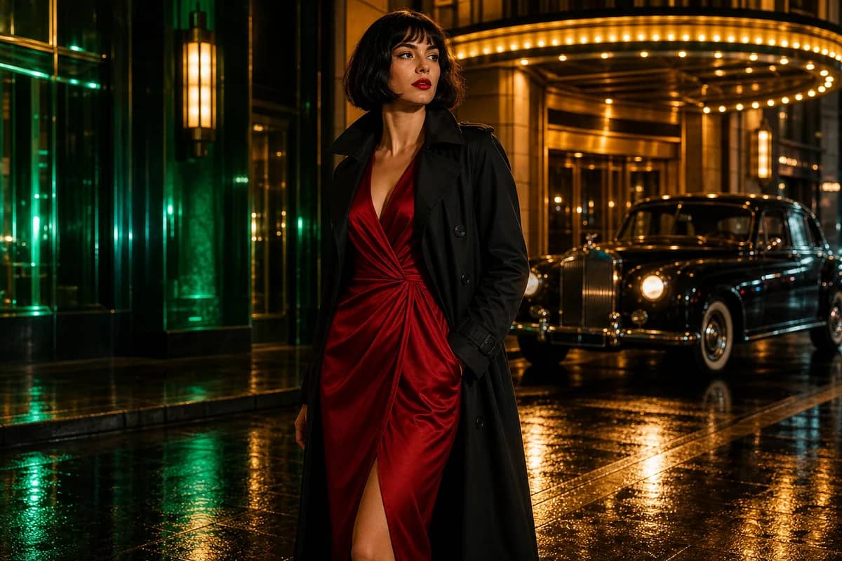 Cinematic fashion scene on a rain-lit Art Deco street for frame restyling