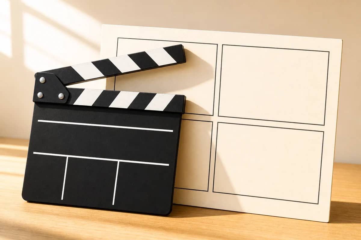 Film clapperboard beside a blank storyboard board for script and storyboard planning