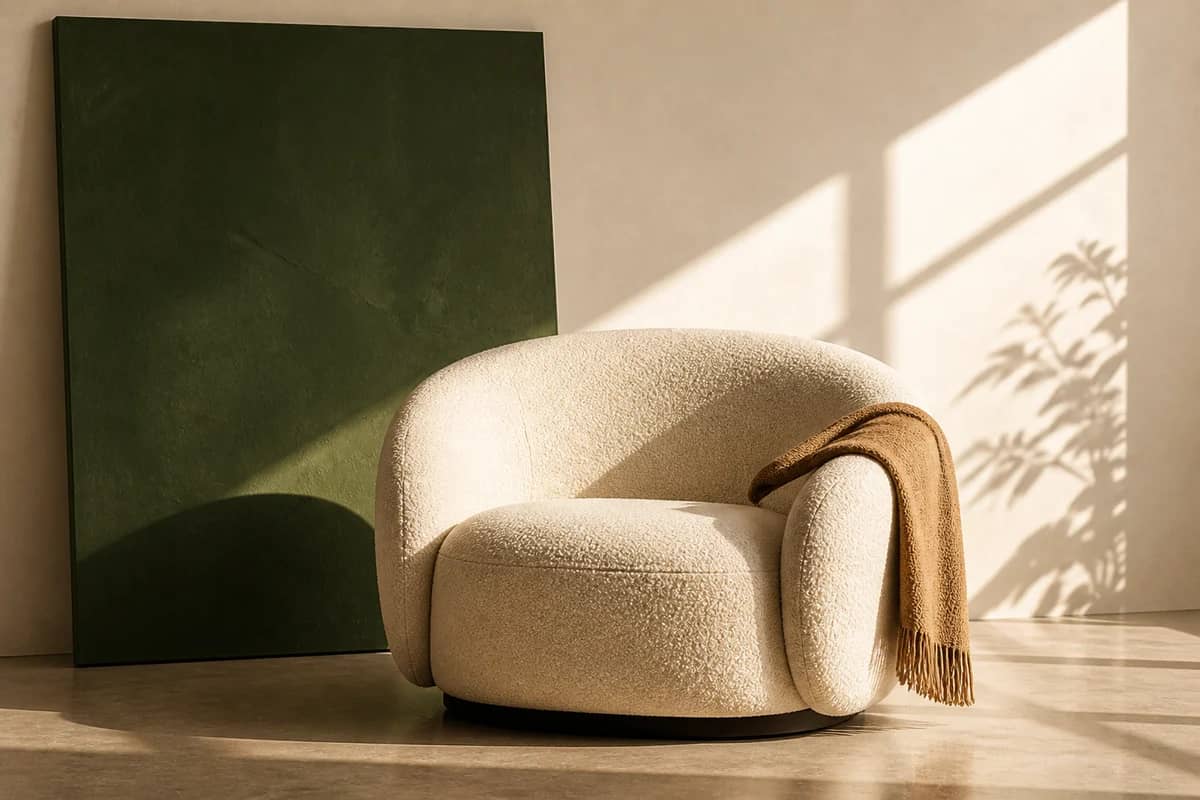 Sculptural lounge chair in a minimal interior design studio