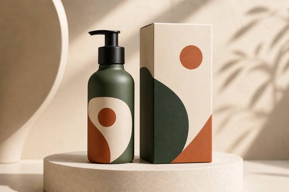 Premium cosmetic bottle and package mockup on a clean pedestal