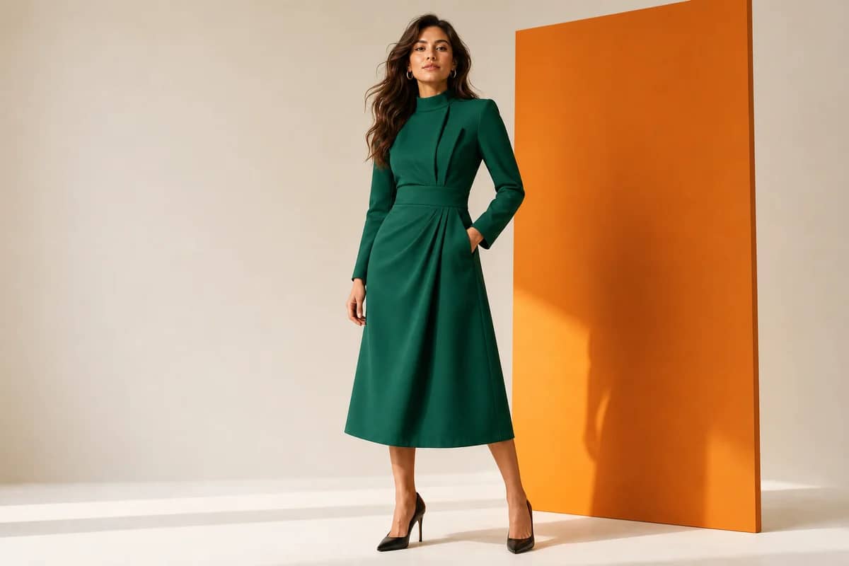 Fashion model in an emerald dress beside a minimal abstract backdrop