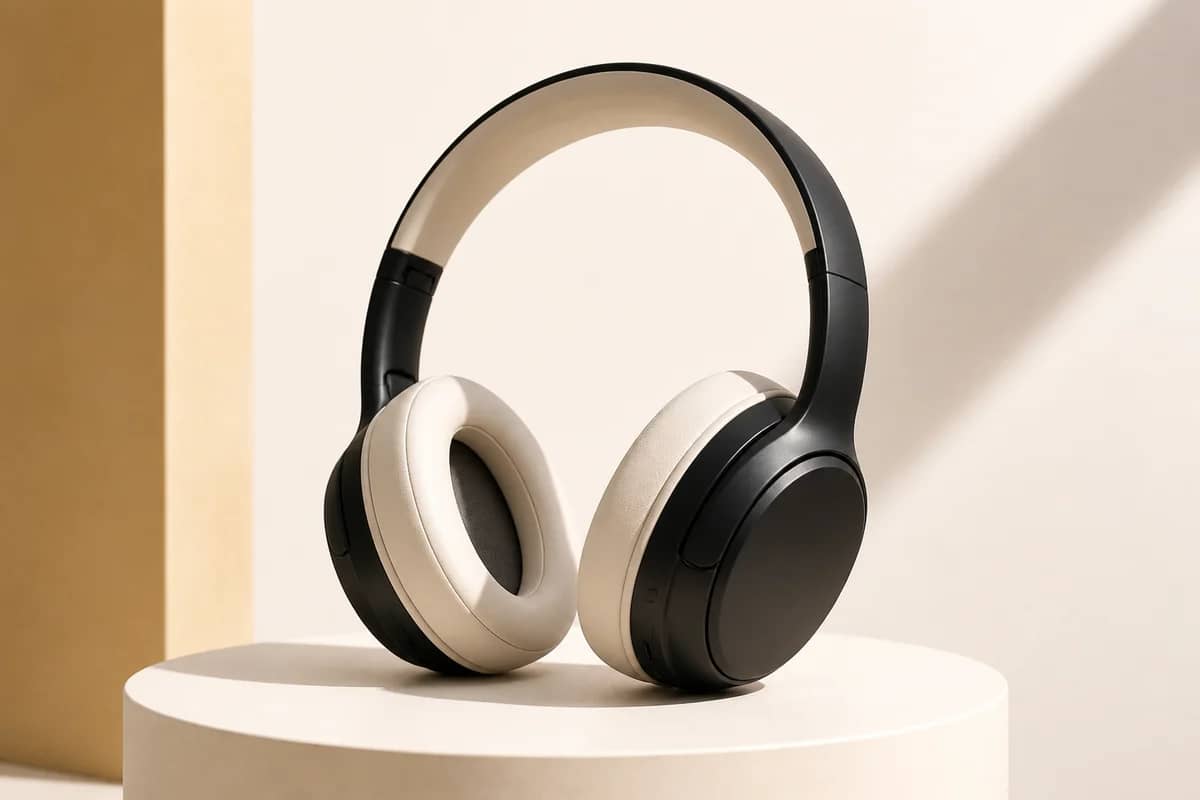 Luxury wireless headphones product photo on a clean pedestal