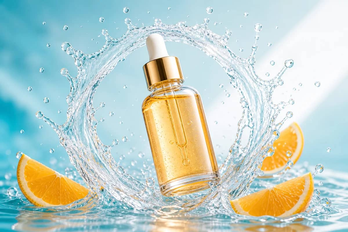 Skincare serum bottle splashing through water as a product video frame