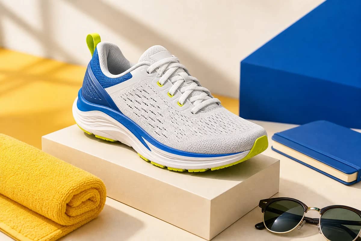 Athletic sneaker product ad creative on a bright studio set