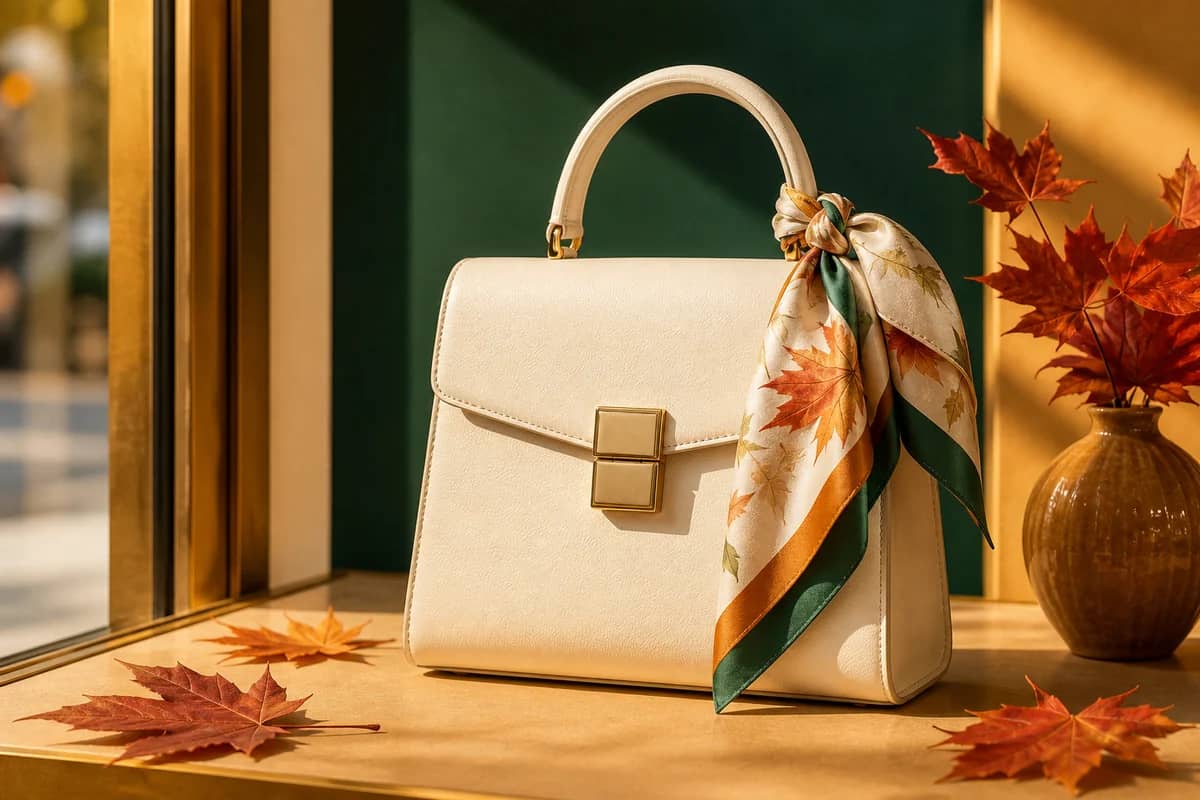 Cream handbag restyled for an autumn fashion campaign