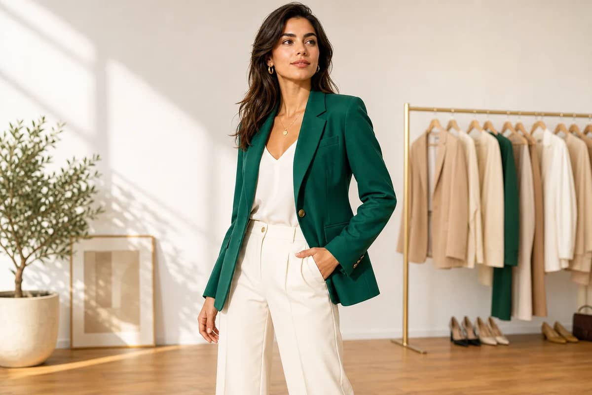 Fashion model in an emerald blazer for outfit swap lookbook marketing