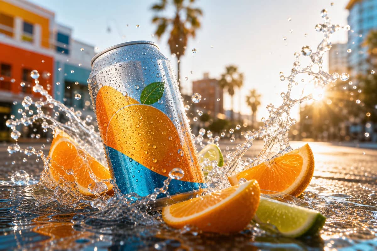 Citrus drink can splashing through water for a short video ad spot