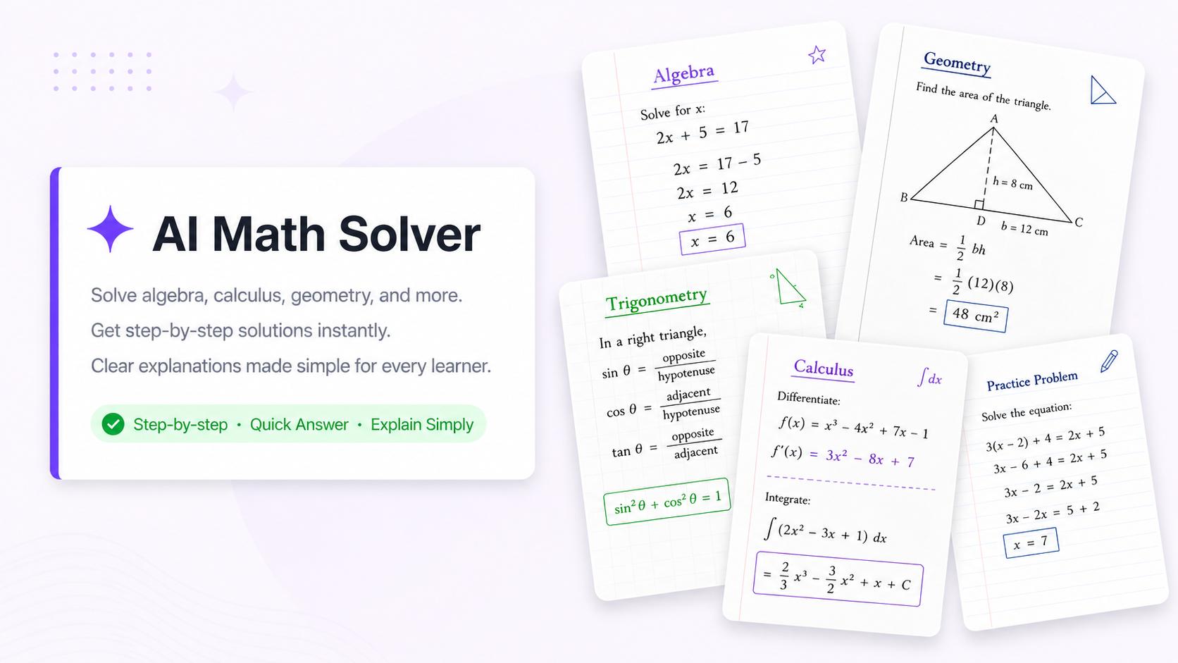 Math Solver tool preview showing step-by-step math reasoning