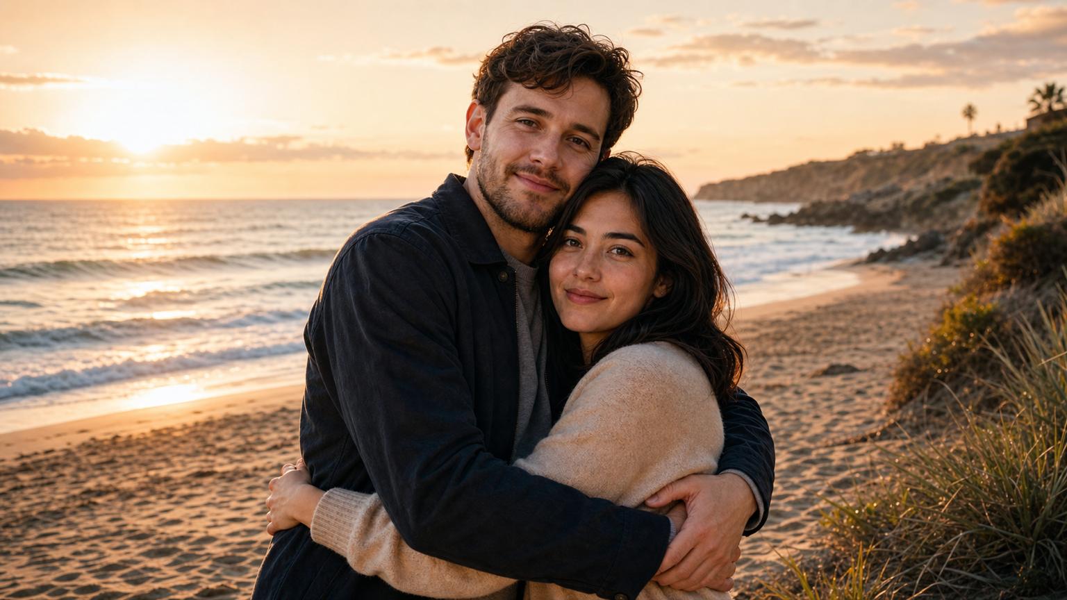 Sharp, high-resolution beach photo of a hugging couple after AI upscaling