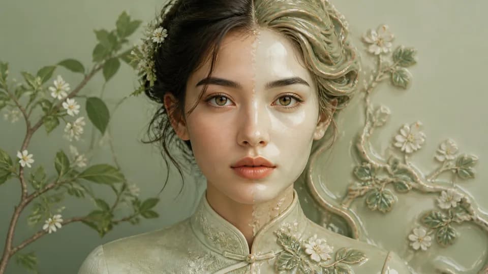 Portrait transforming into glazed ceramic artwork