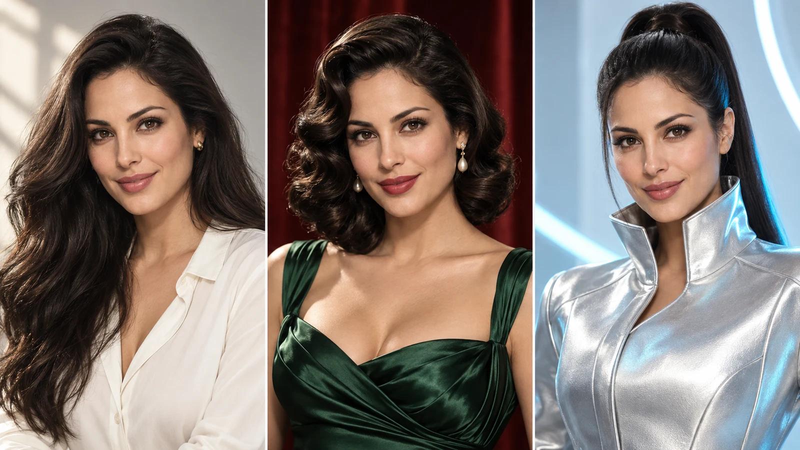 The same woman with recognizable facial features in a modern portrait, classic Hollywood styling, and futuristic silver fashion