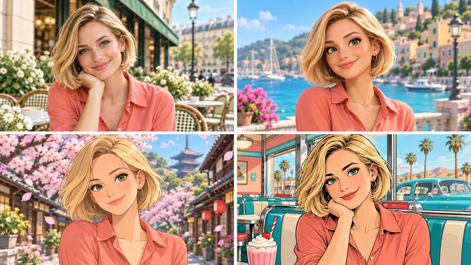 Four portraits of the same blonde woman in a coral shirt, shown as a photograph, 3D animation, Japanese anime, and retro comic illustration