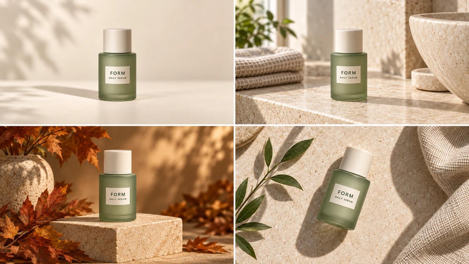 The same green serum bottle in studio, bathroom, autumn campaign, and overhead flat-lay product photographs