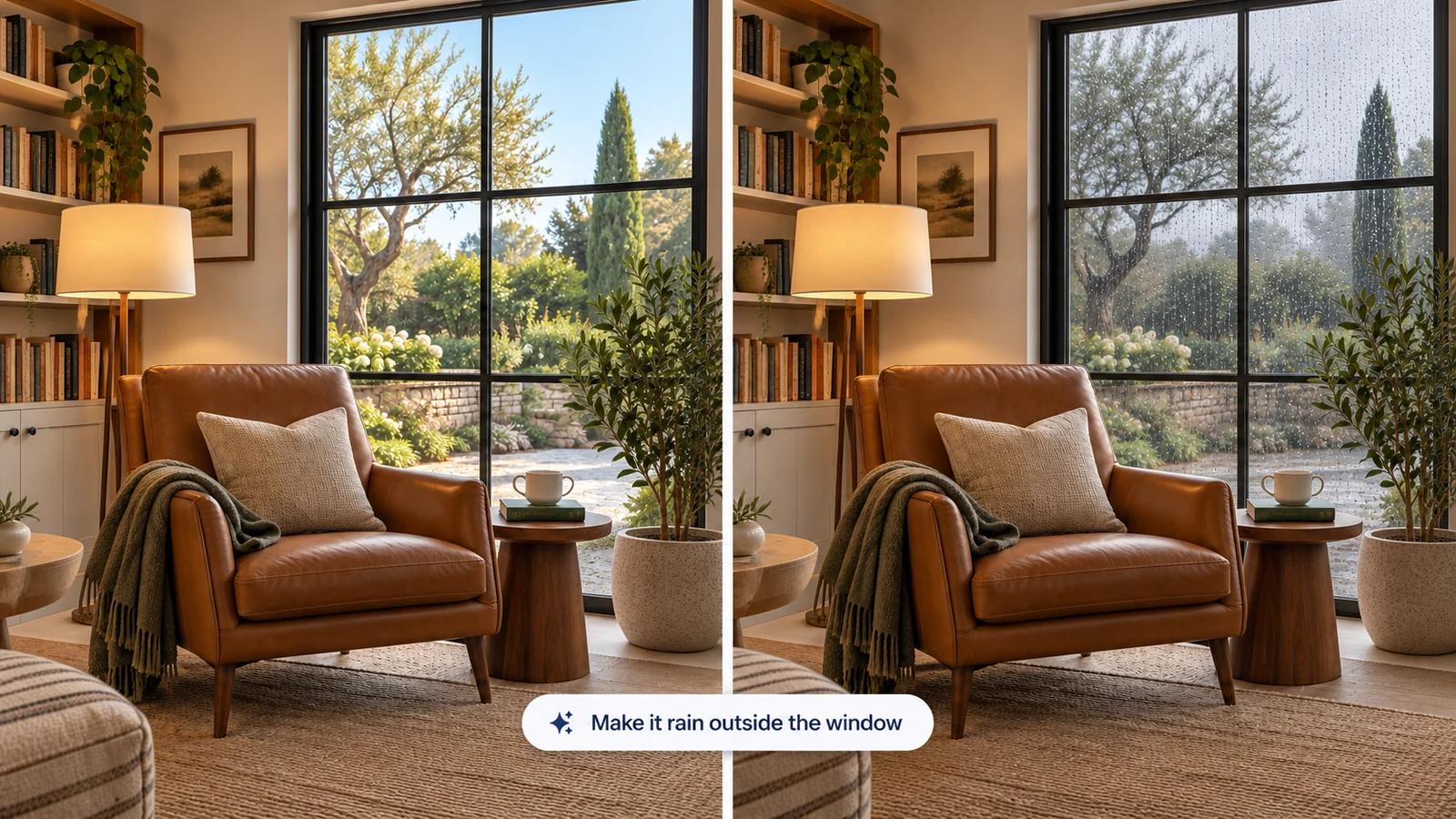 A reading corner before and after changing the sunny weather outside the window to rain while keeping the furniture in place