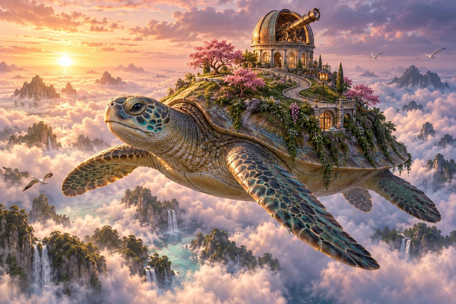 A giant sea turtle carrying a garden and observatory above a glowing sea of clouds