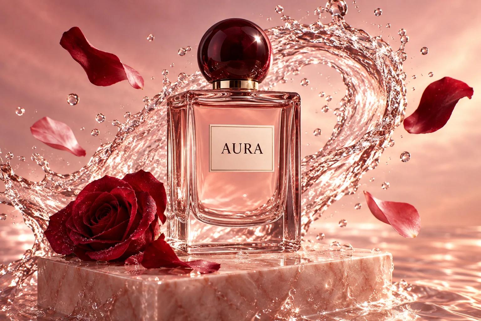 A pink AURA perfume bottle surrounded by rose petals and a sculptural splash of water