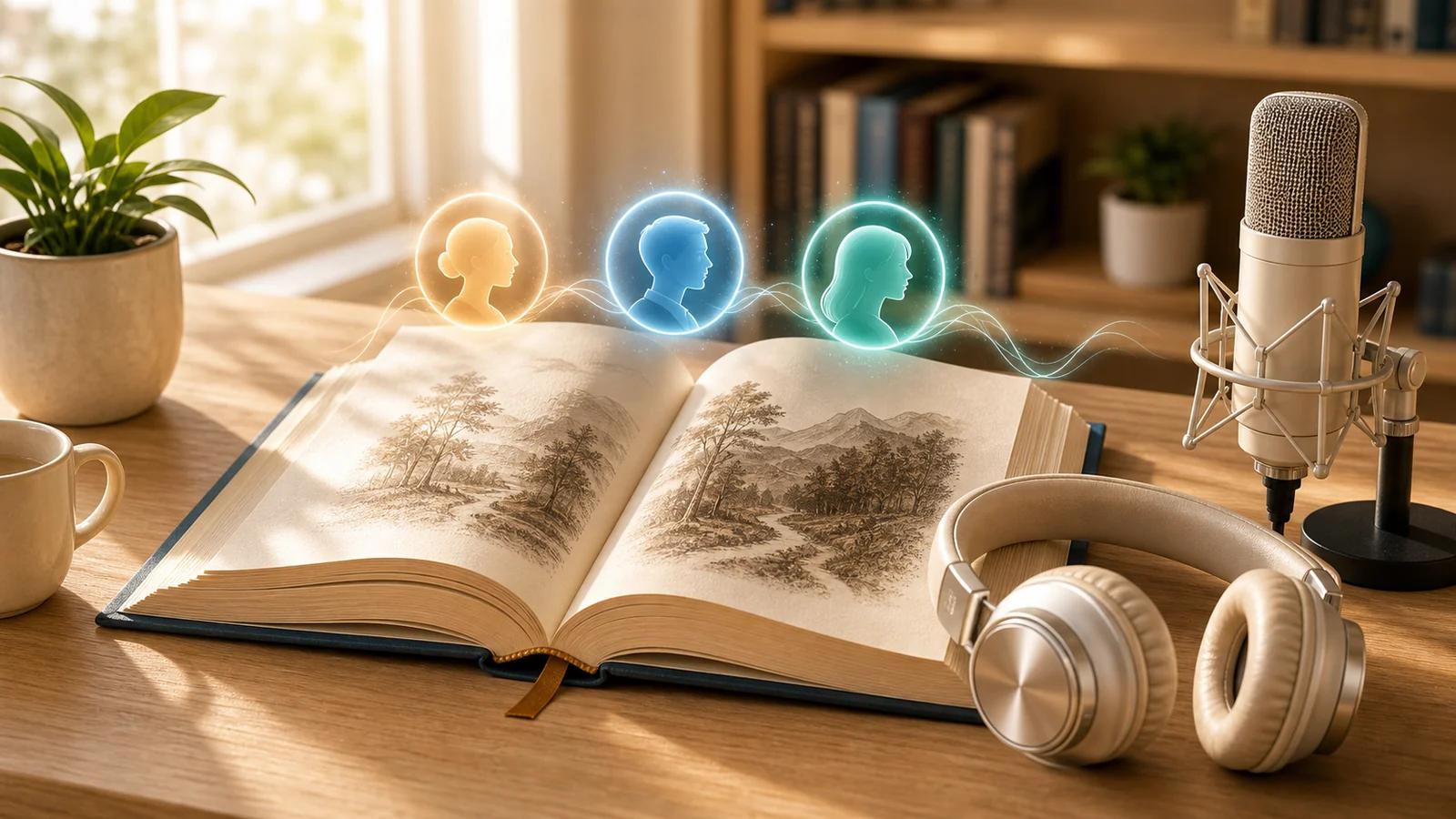 AI audiobook generation scene with an open book, headphones, microphone, and character voice markers