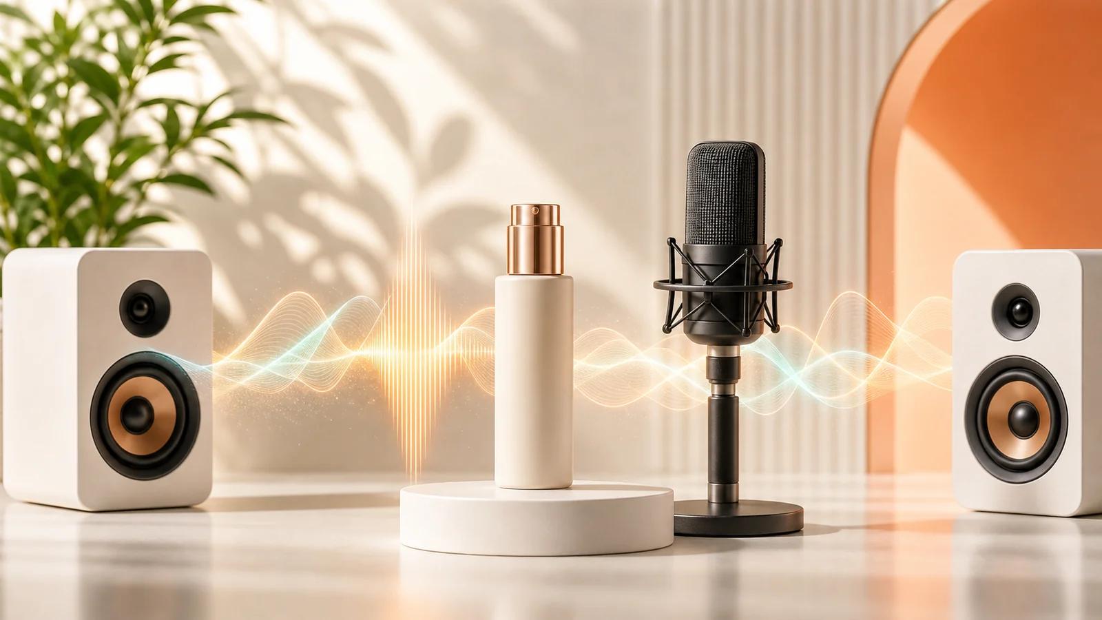 AI brand audio generation scene with product, microphone, speakers, and bright sound waves