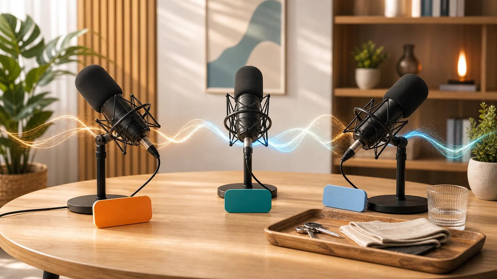 AI podcast and radio drama generation scene with three microphones, foley props, and connected sound waves