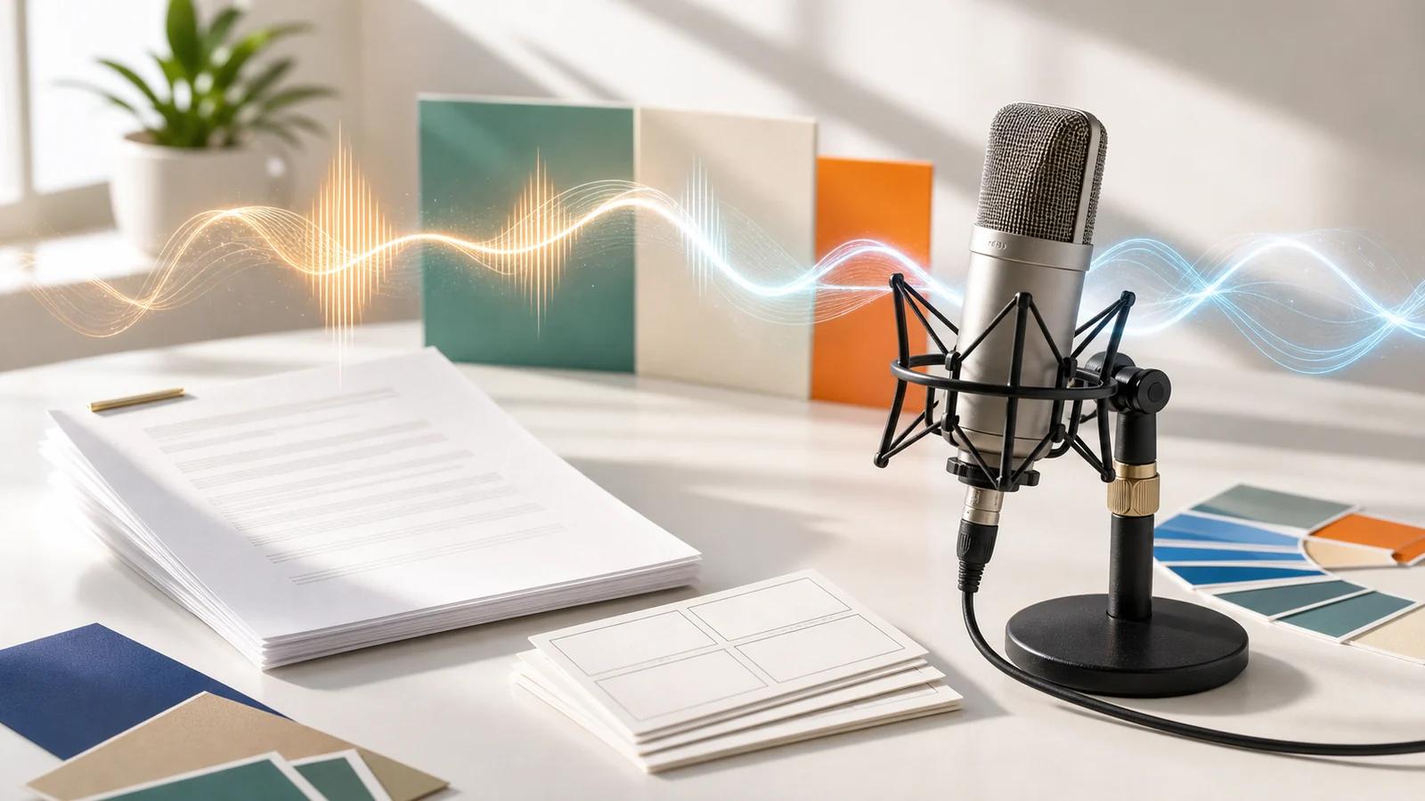 AI voiceover generation scene with a microphone, script pages, storyboard cards, and flowing sound waves