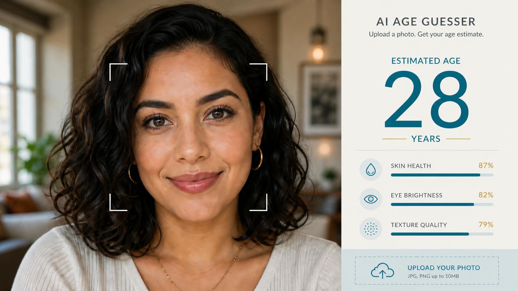 AI Age Guesser scanning a portrait and returning an estimated age of 28 with facial analysis scores
