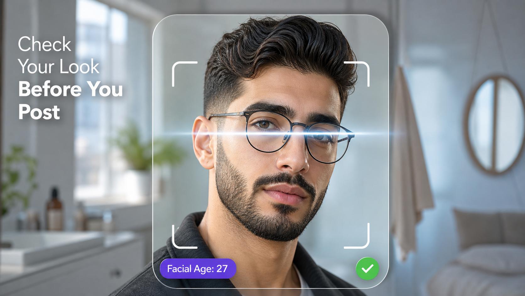 Age guesser scan of a styled portrait before posting with a facial age label and check badge