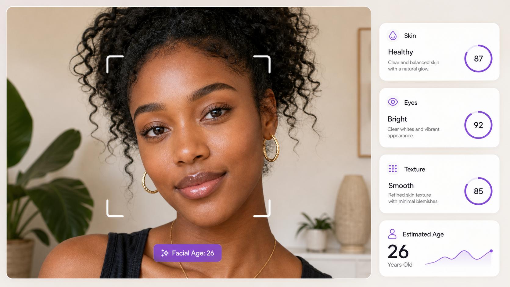 AI age guesser face scan with a portrait, facial analysis cards, and an estimated age result