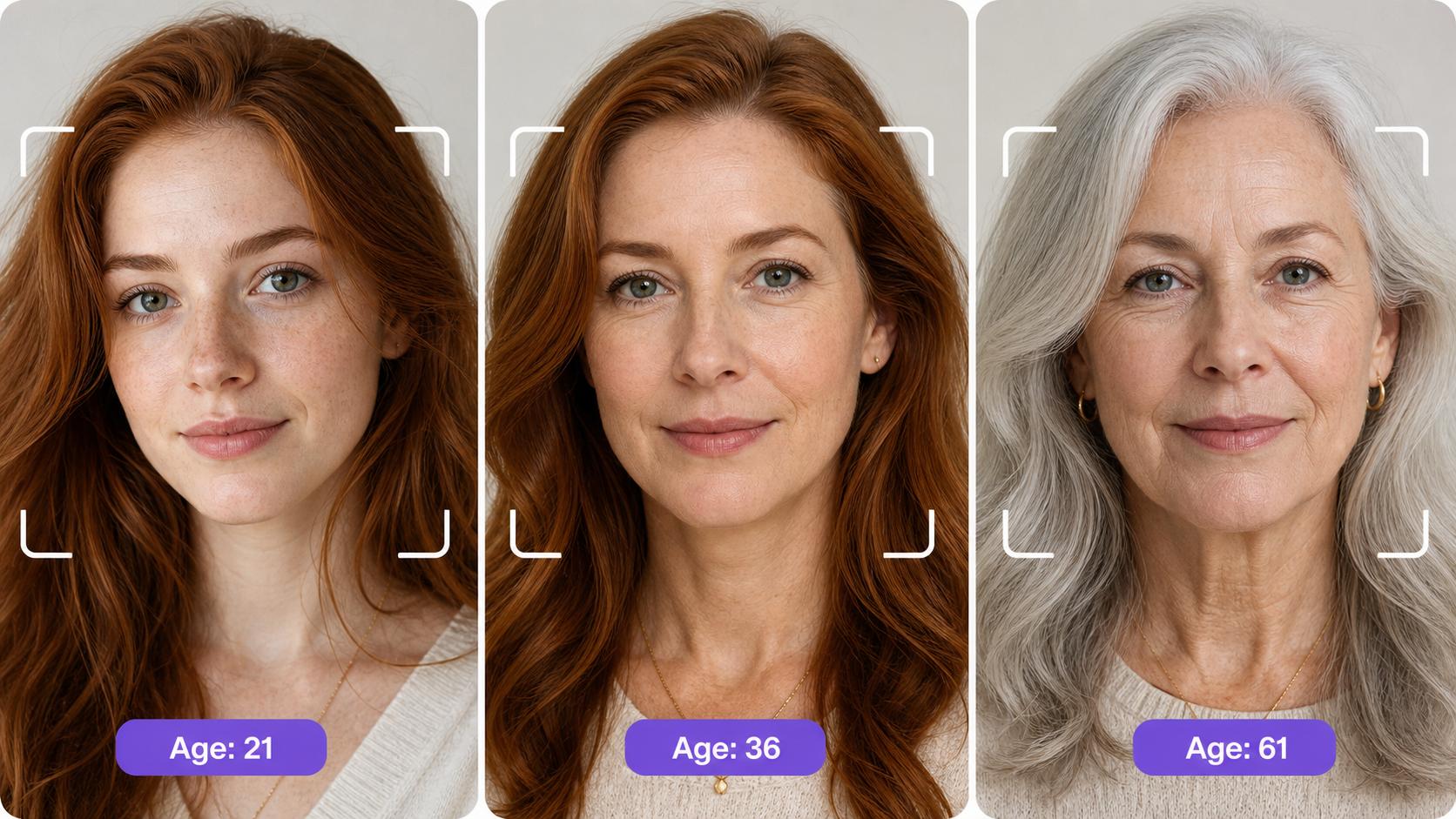 Three age guesser portrait panels comparing the same person across younger, current, and older photos