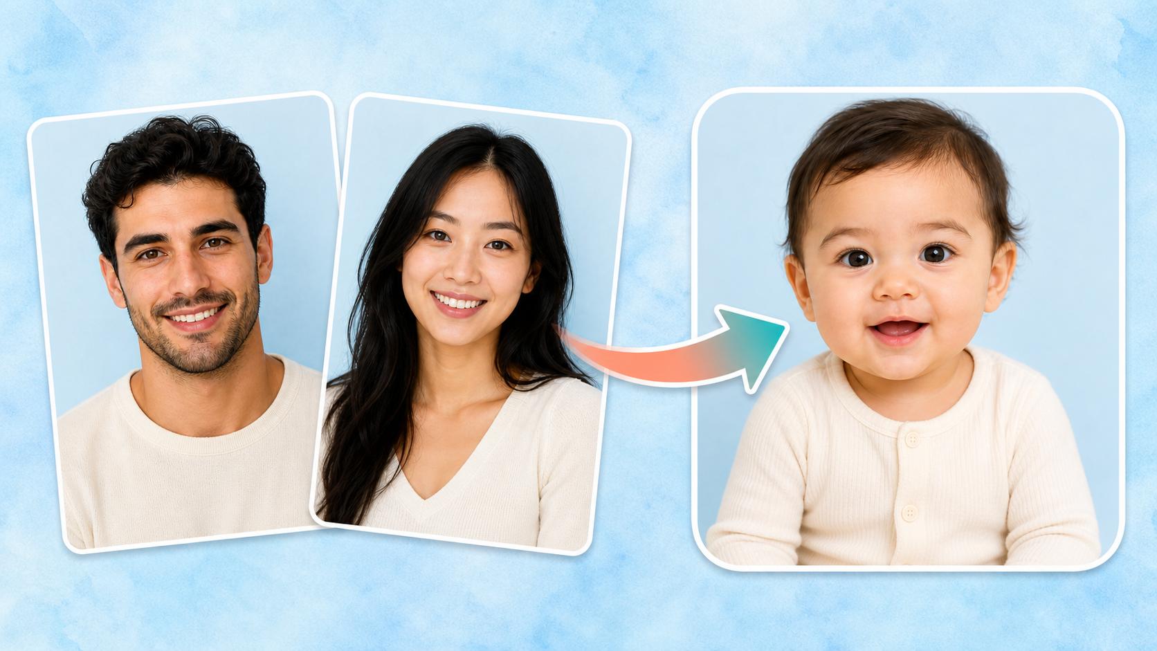 Two parent portrait photos transforming into a realistic future baby portrait