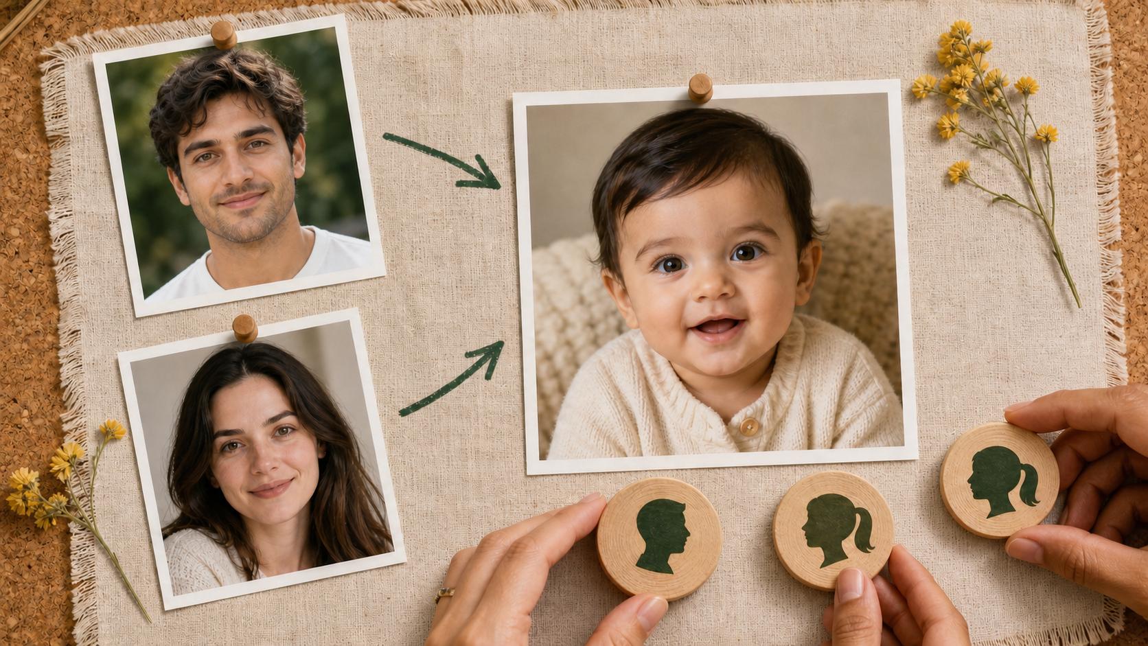 Baby shower photo board where guests vote which parent the baby resembles