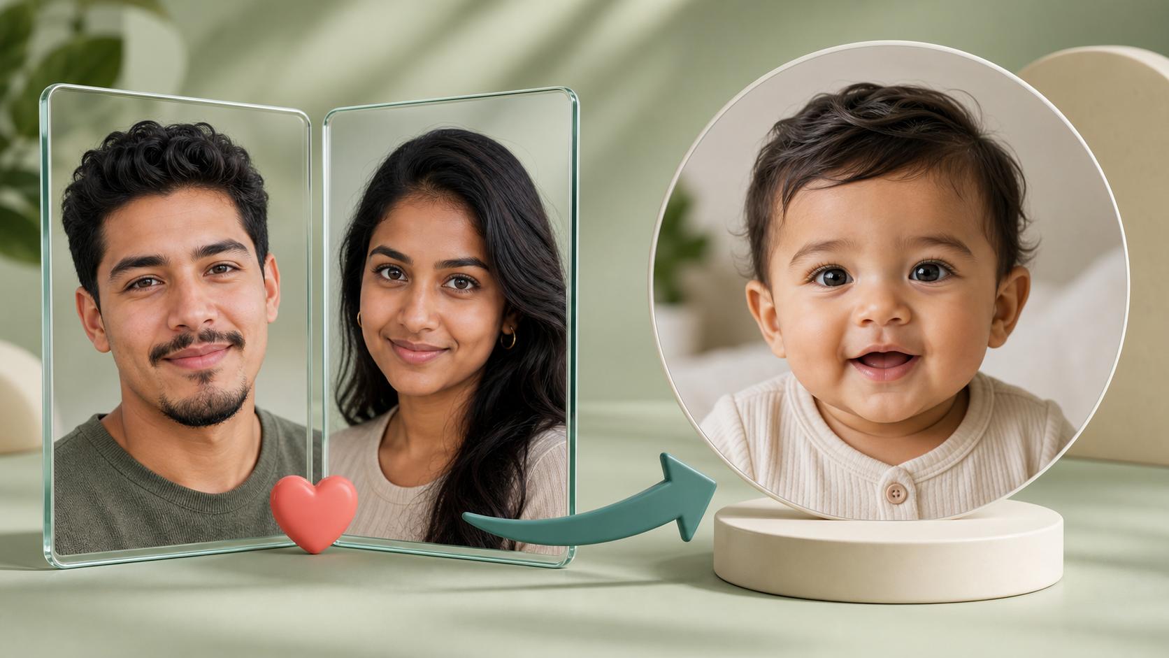 Two partner portraits generating their future baby portrait