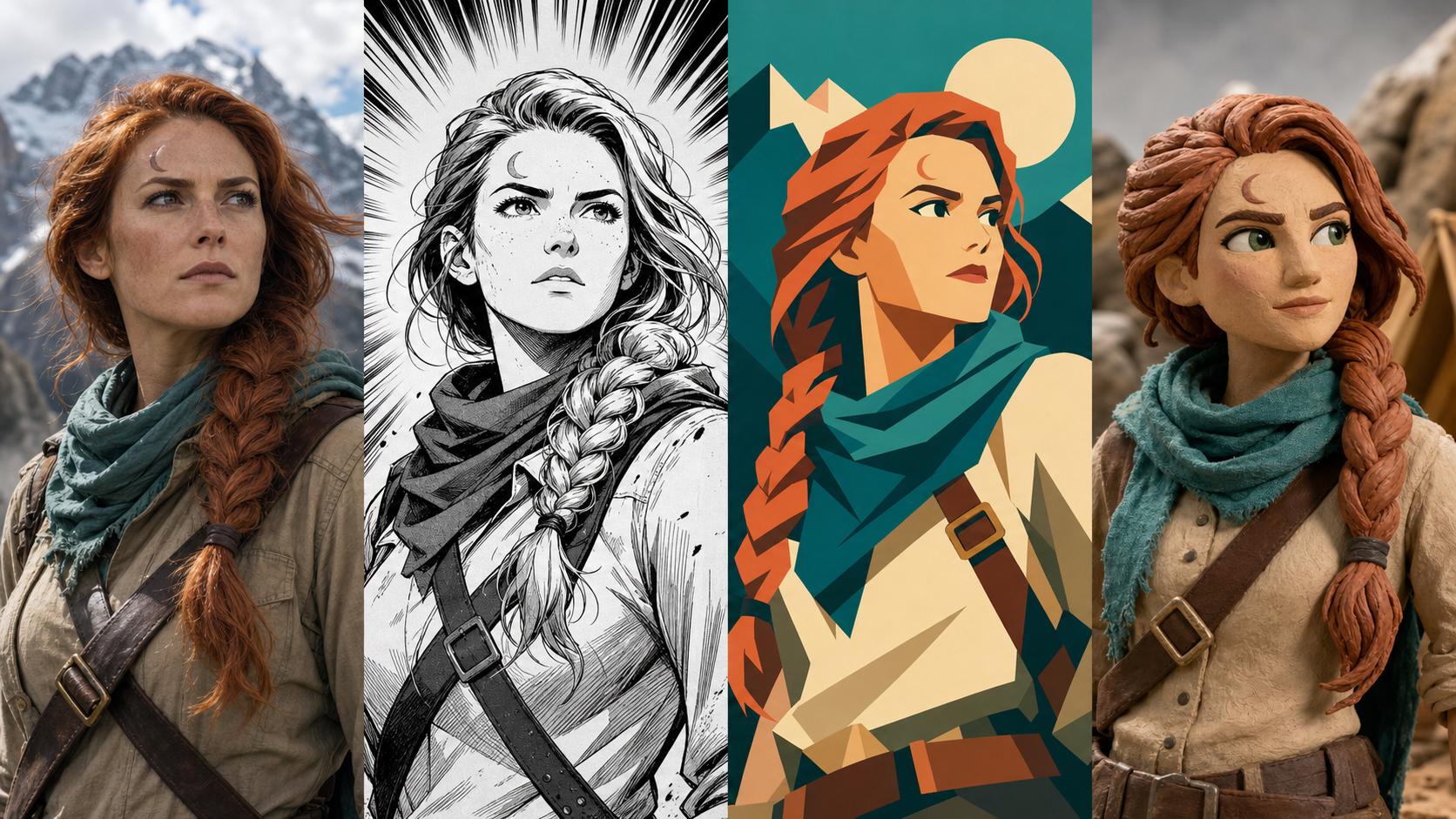 The same original character rendered as photography, manga, vector art and clay animation