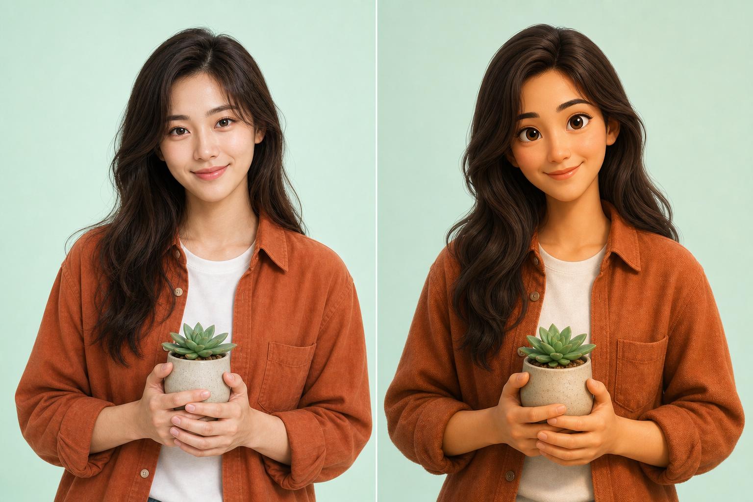 The same woman shown as a realistic portrait and a stylized 3D animated character