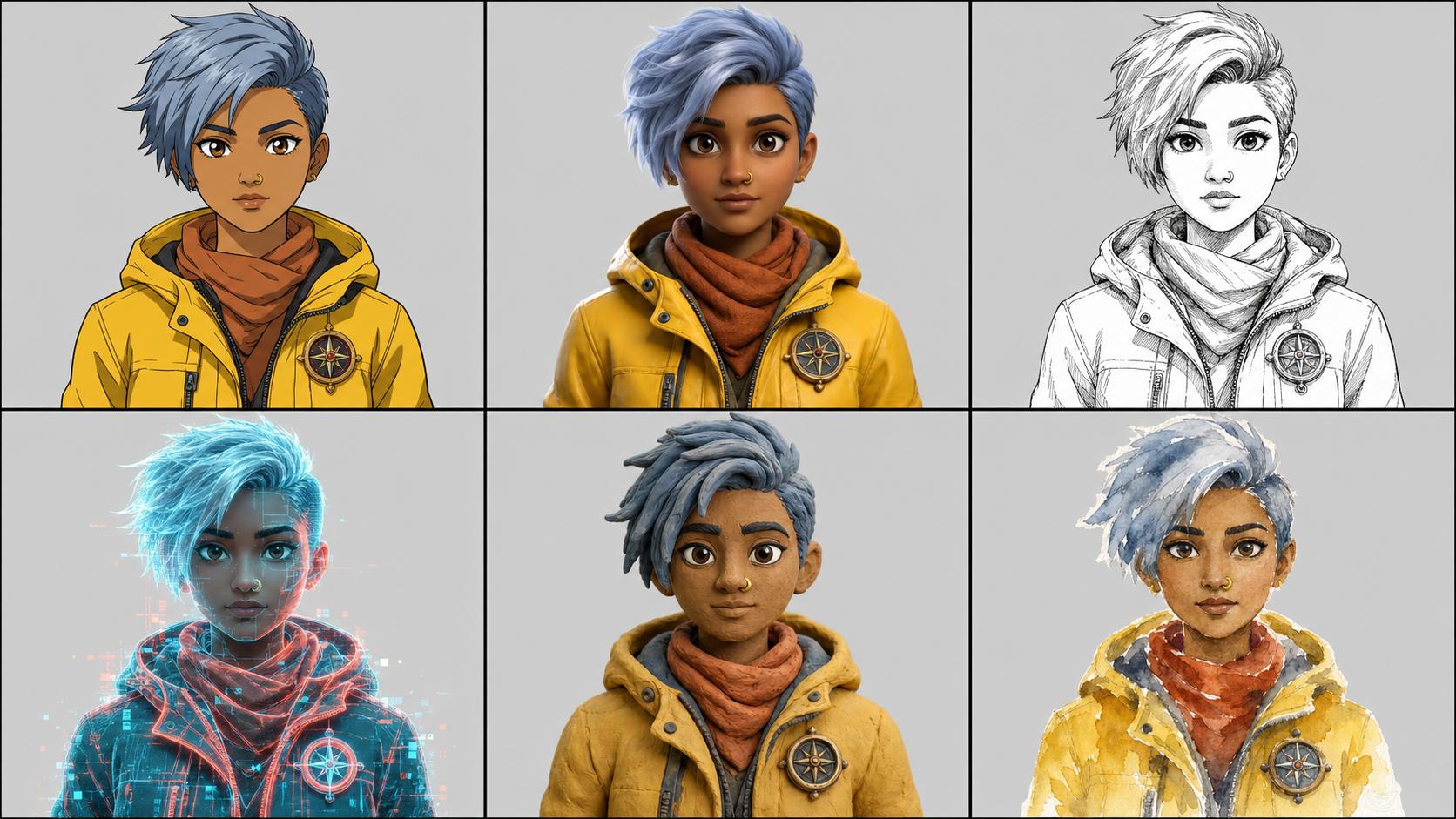 Four original characters rendered in anime, gothic, 3D and realistic cyberpunk styles
