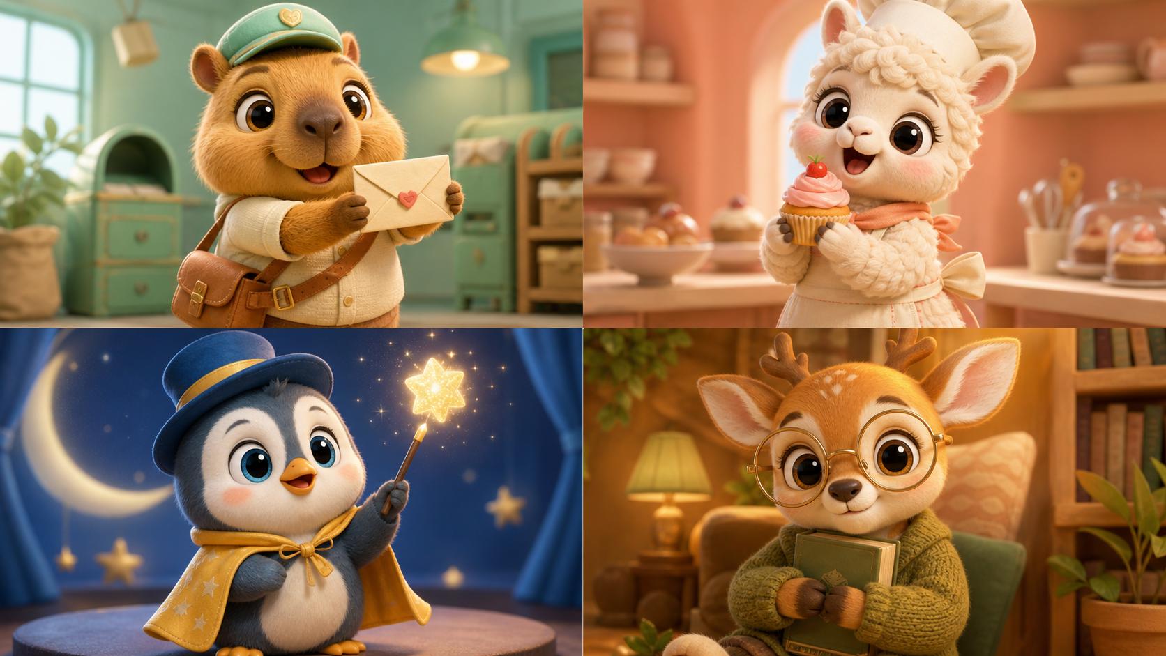 Four cute anthropomorphic 3D characters expressing distinct personalities and reactions