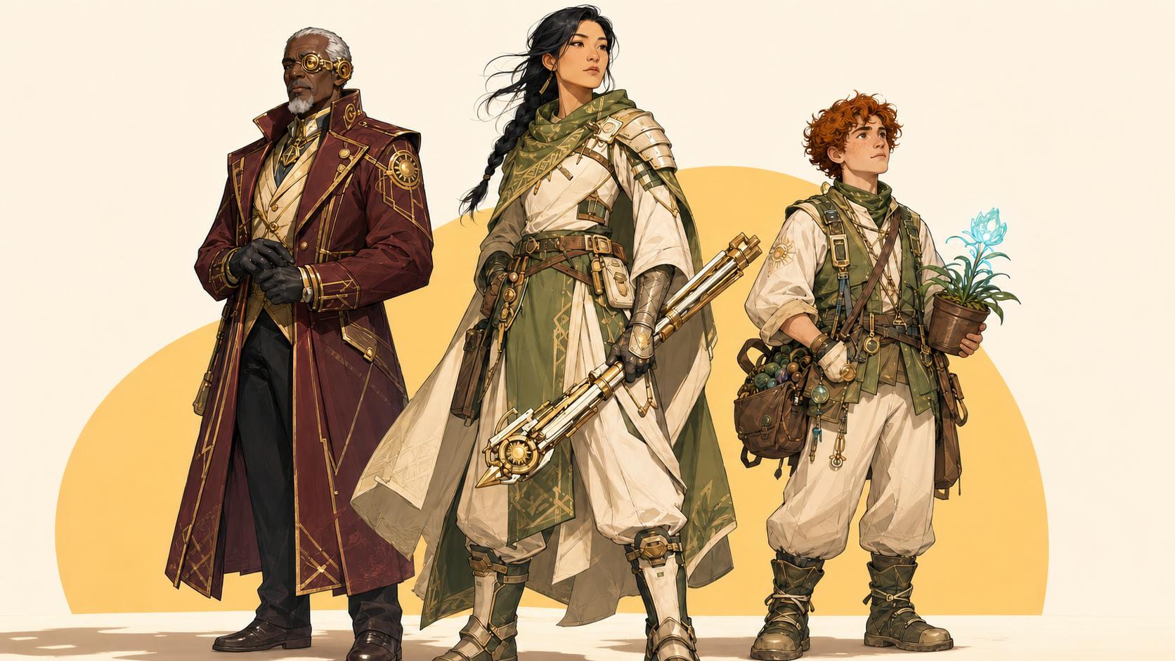 Clean concept-art lineup of an original hero, villain and side character