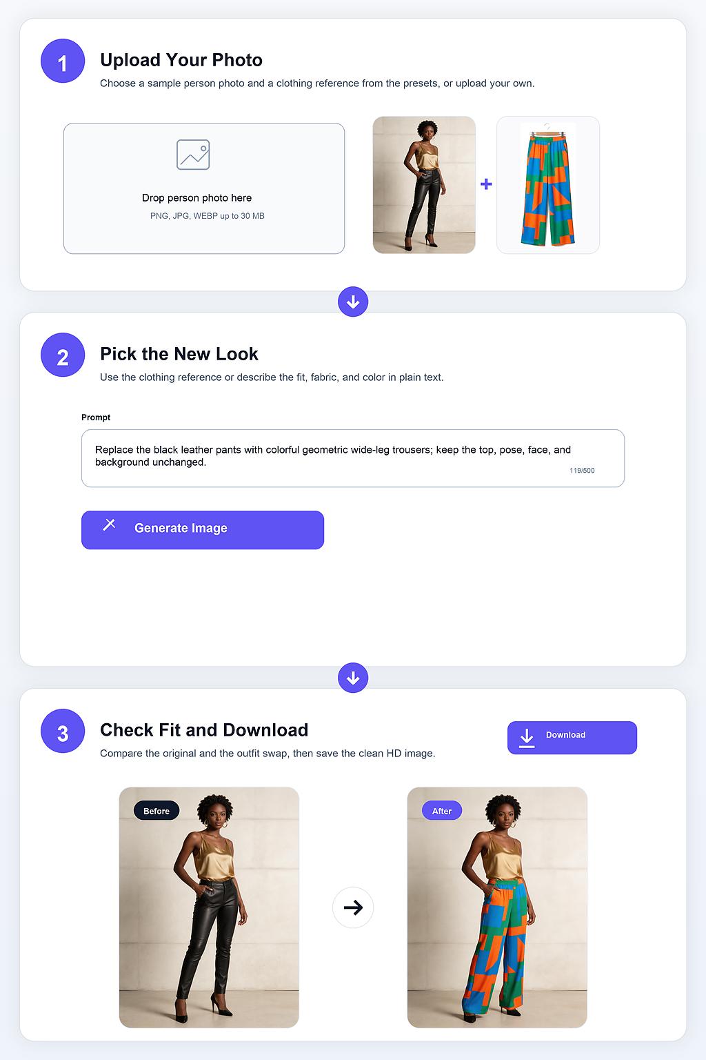 AI Clothes Changer workflow showing a person photo and clothing reference upload, prompt-based outfit change, and before-after virtual try-on result download