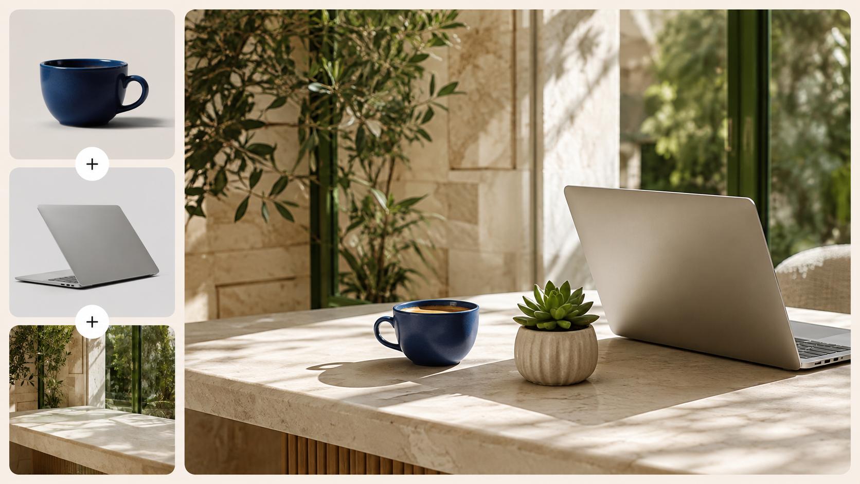 A blue cup, laptop, and bright room reference images combined into one natural lifestyle desk scene