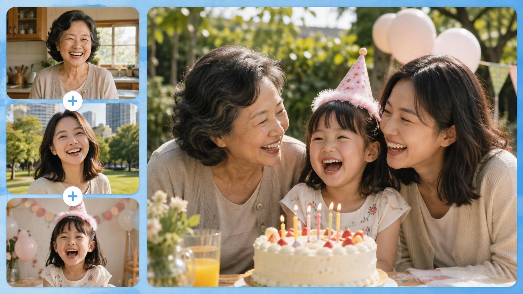 Three separate family portraits combined into a garden birthday photograph