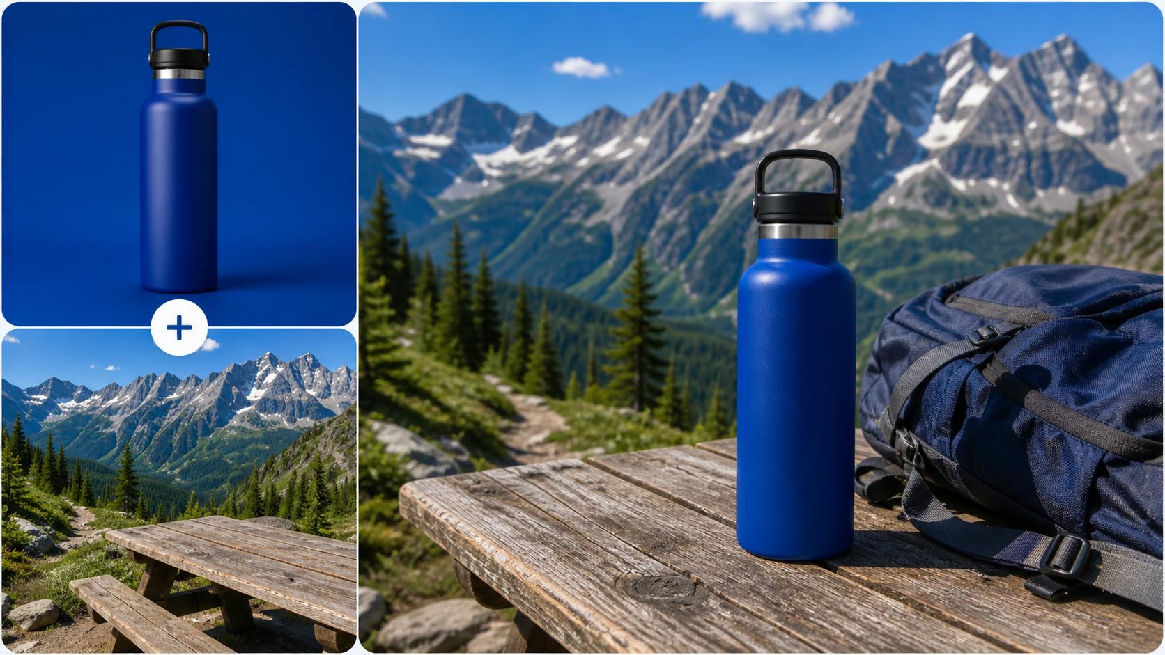 A studio water bottle image combined with a mountain picnic scene for a finished product photograph