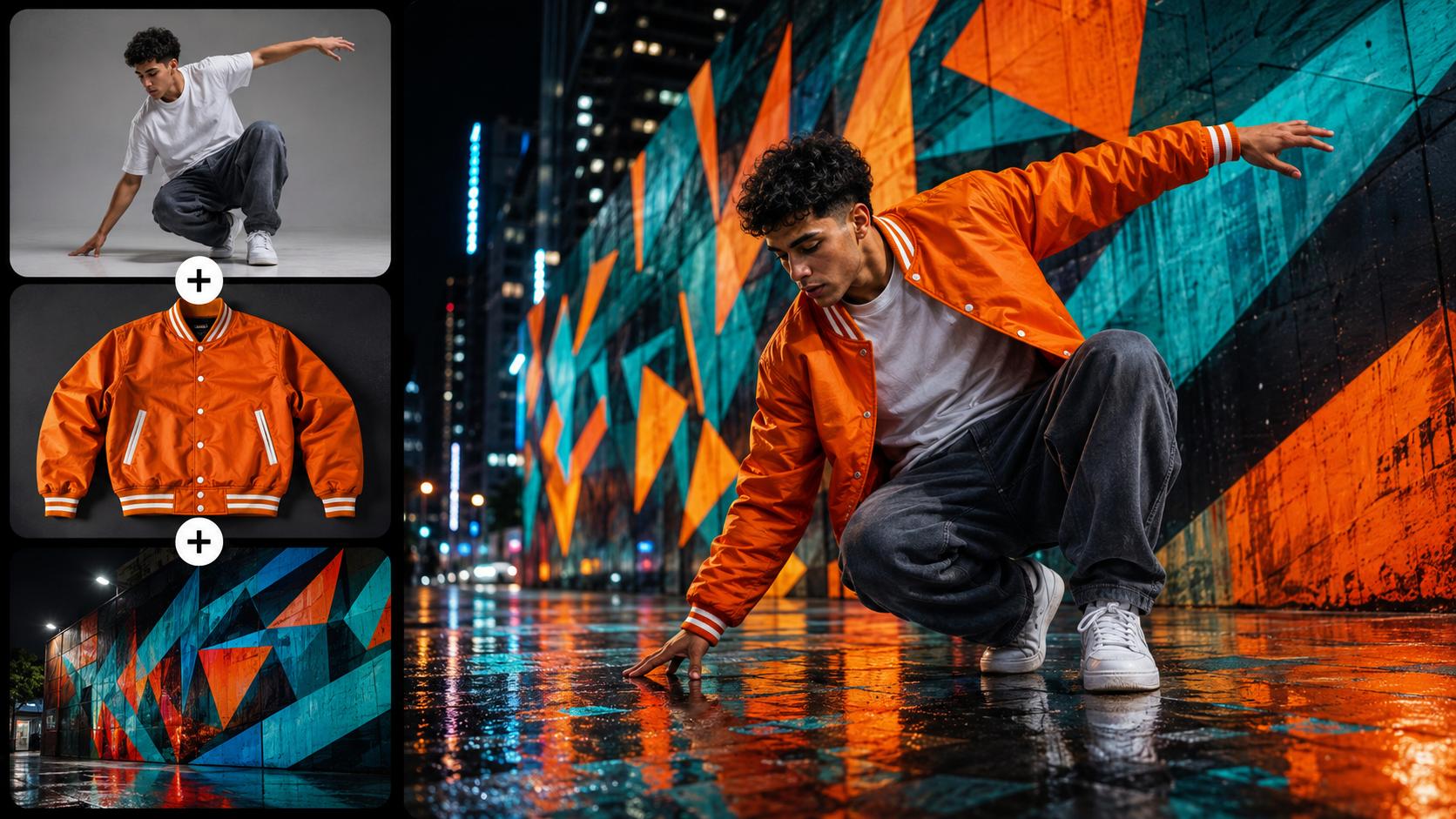 A dancer, an orange jacket, and an urban mural reference combined into a night street-fashion campaign image