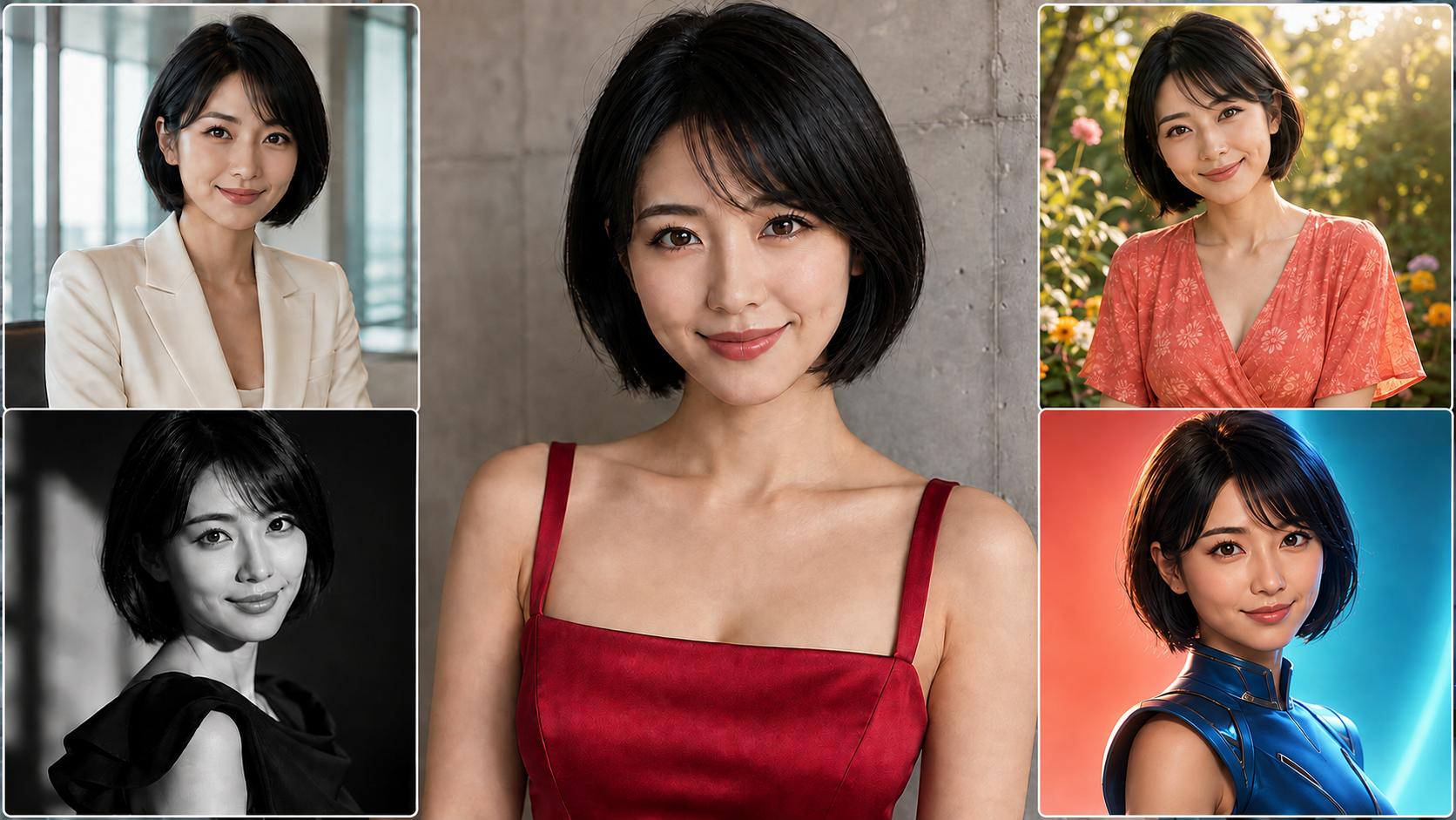 One black-haired woman in a red dress surrounded by professional, black-and-white, outdoor, and 3D portrait variations of the same person