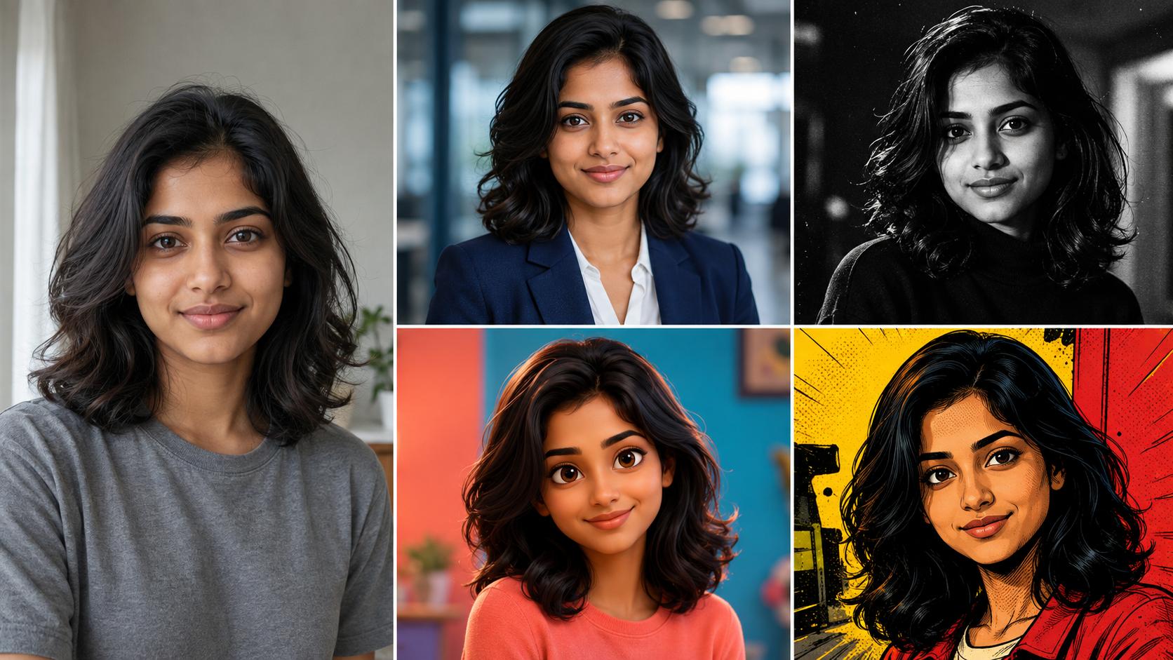 One woman shown as the same recognizable person across a professional headshot, black-and-white portrait, 3D character, and graphic novel illustration
