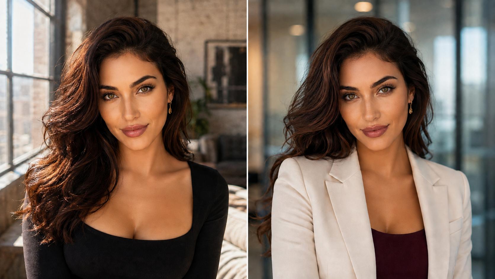 A casual lifestyle portrait transformed into a polished professional headshot of the same woman