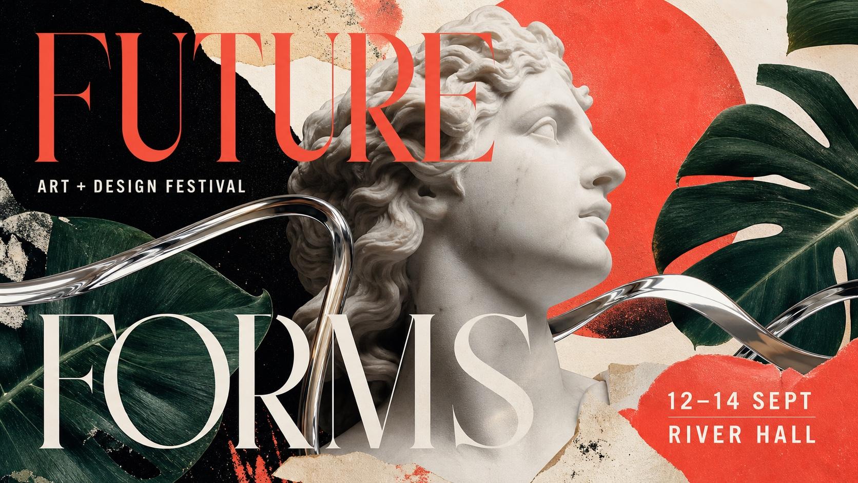 Future Forms art and design festival poster with a marble sculpture, tropical leaves, chrome ribbon, and readable event details