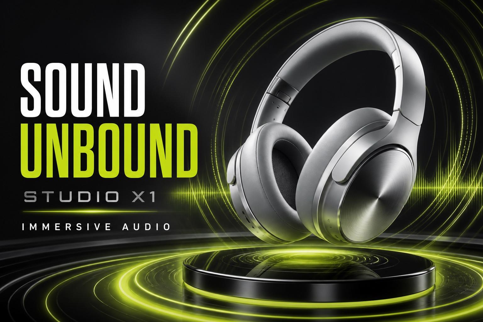 Futuristic product poster featuring silver wireless headphones, lime sound waves, and clearly rendered advertising text