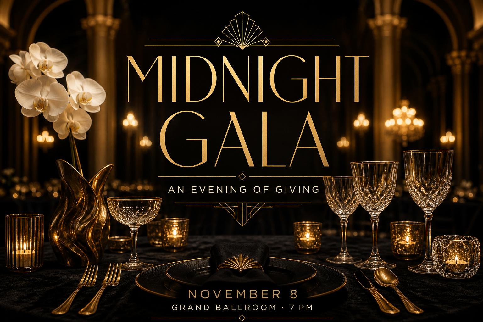 Elegant black-and-gold Midnight Gala event poster set in a candlelit ballroom