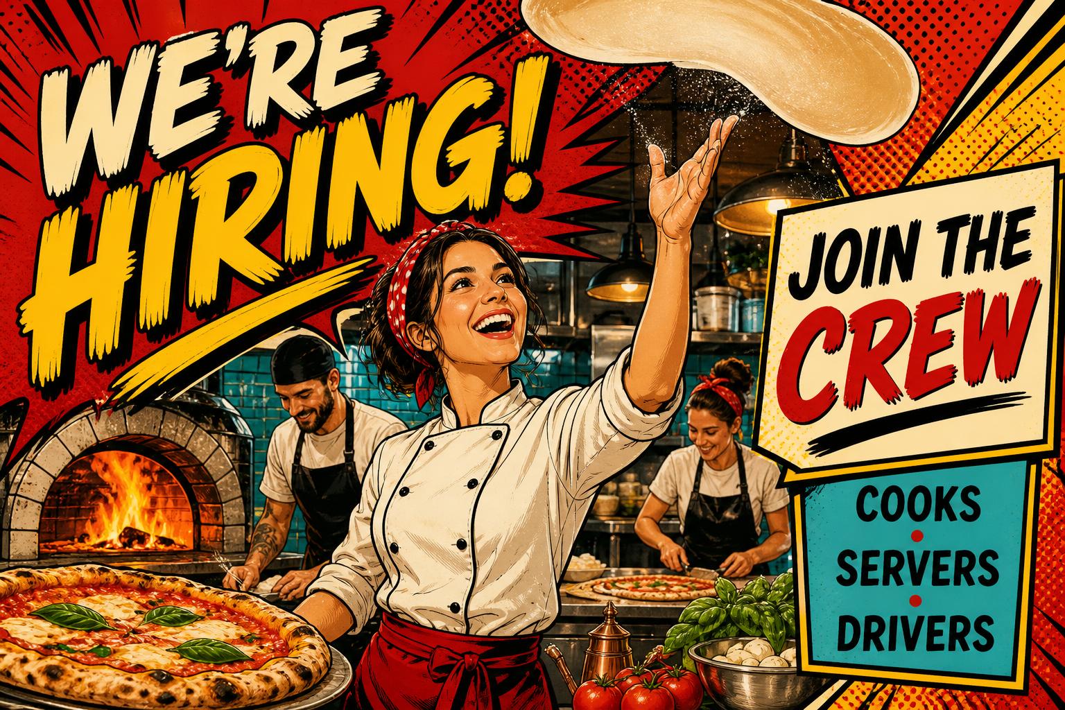 Bold comic-style restaurant hiring poster featuring a chef tossing pizza dough