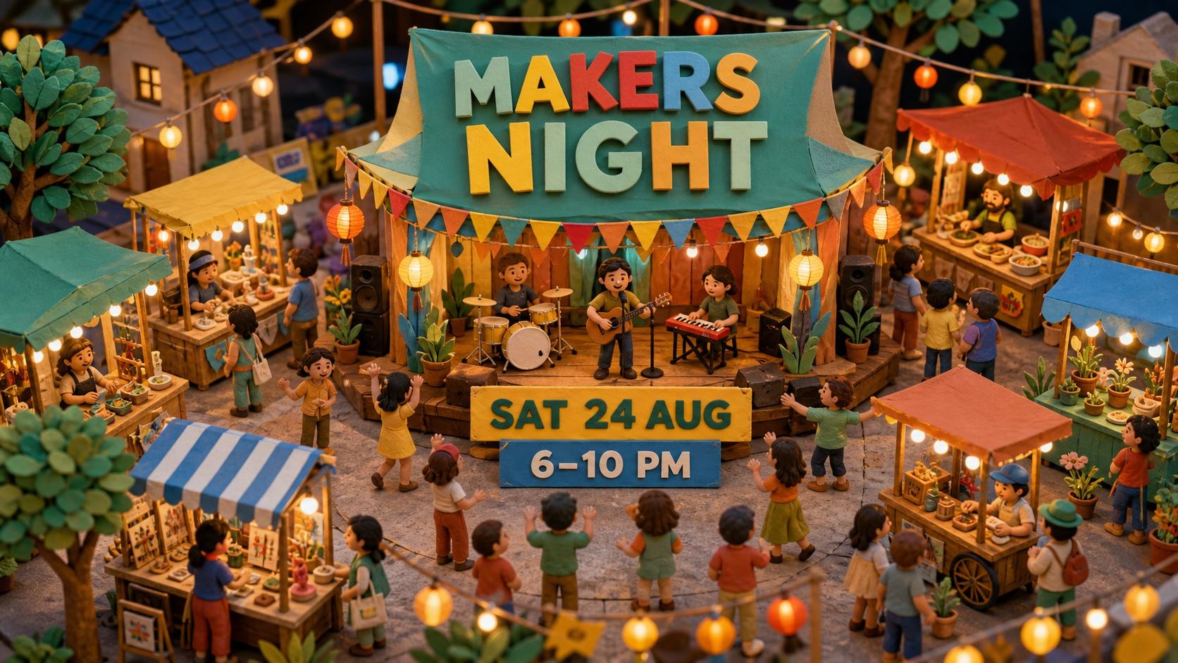 Handcrafted miniature night market poster with a live music stage, vendor stalls, and readable event details